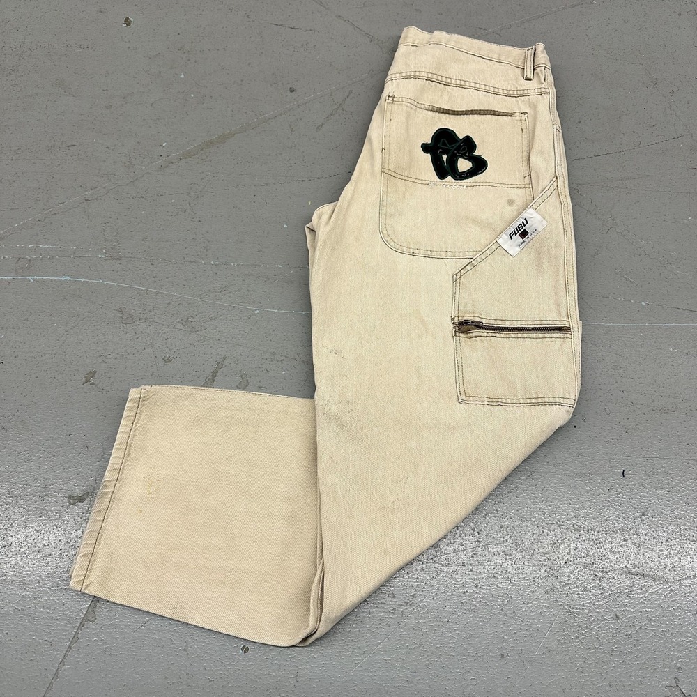 Vintage FUBU Jeans Mens 36x30 Beige Wide Leg Relaxed Fit Carpenter Denim USA 90s - Picture 3 of 14